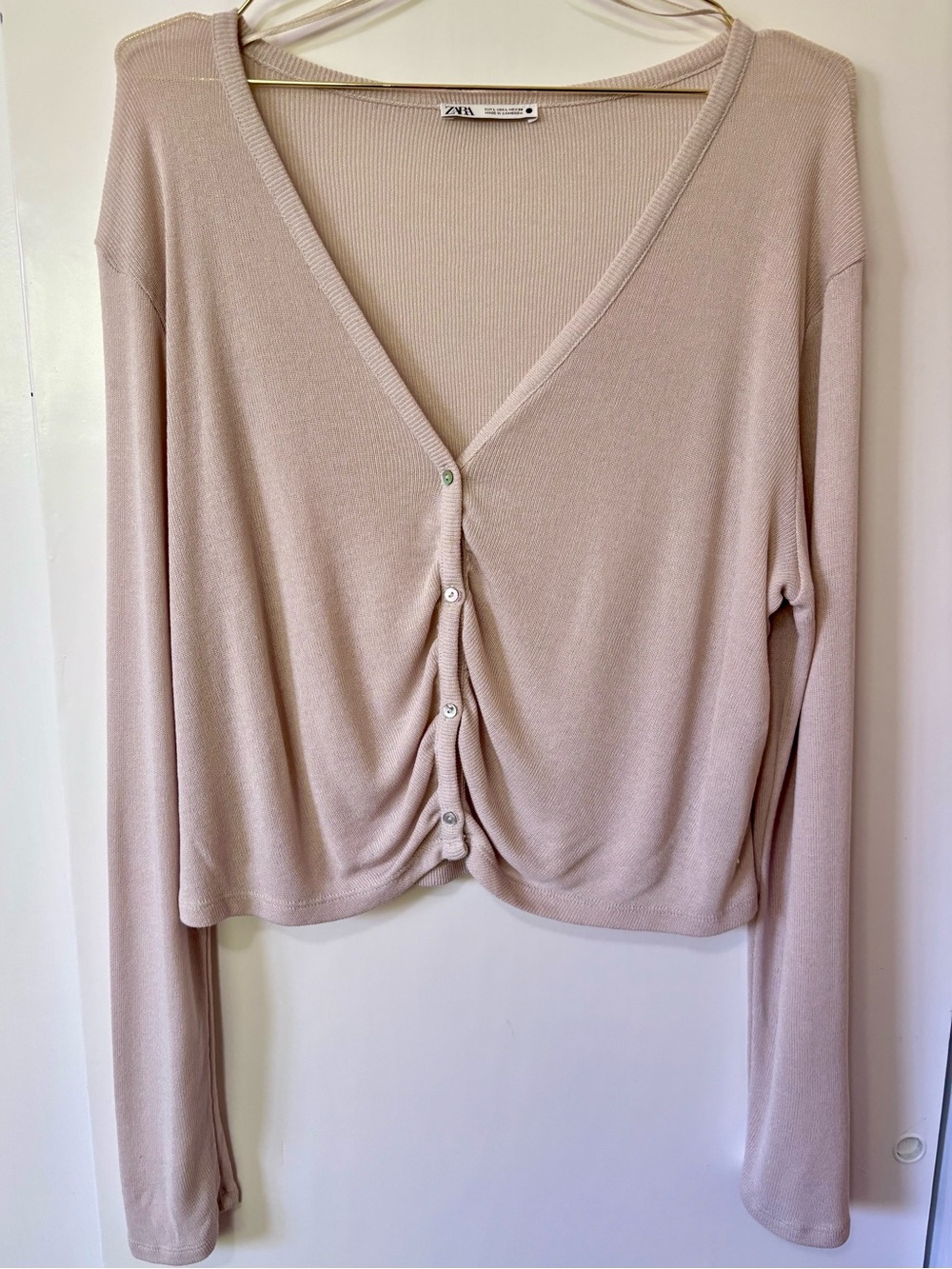 Zara| Cream Lightweight Button-Front V-Neck Cardigan Sz L